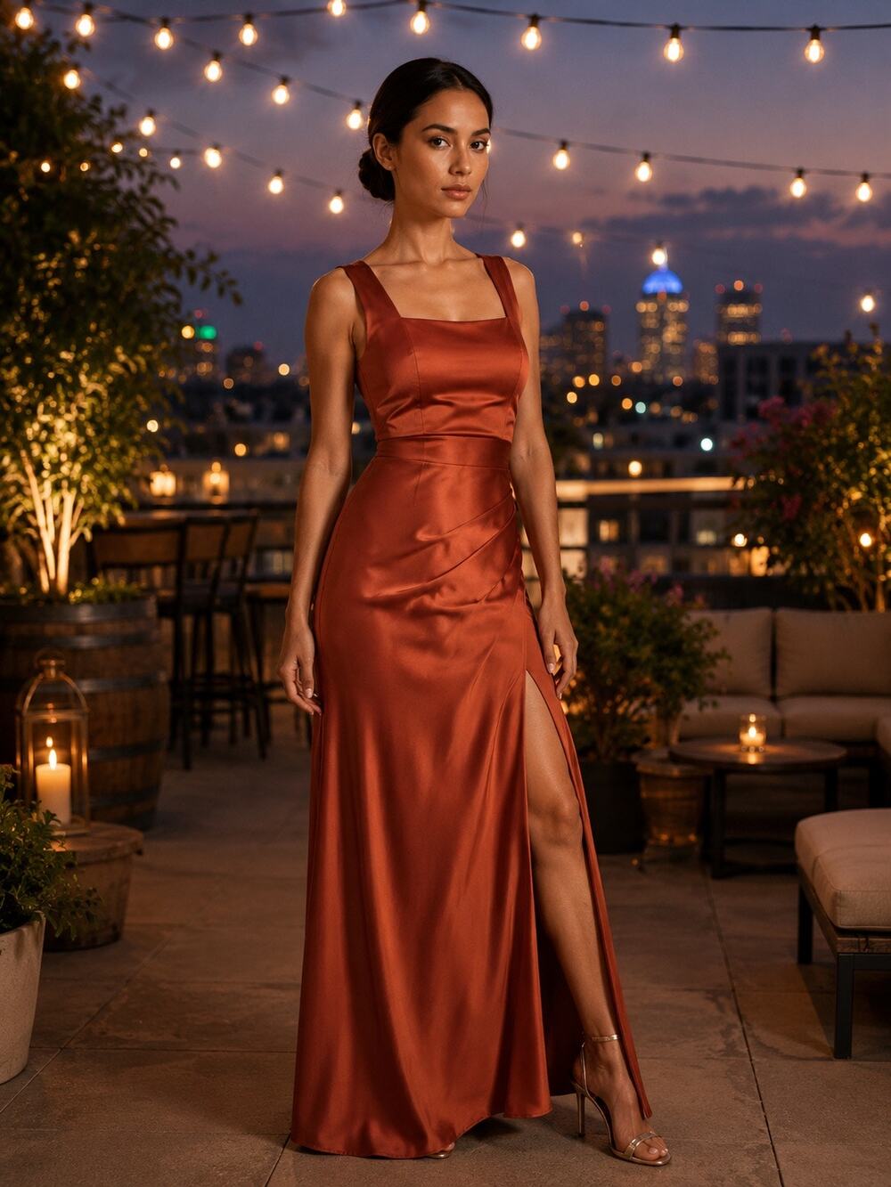 Lulu's Copper Satin Maxi Dress Slit Formal Wedding Guest NWOT Large
